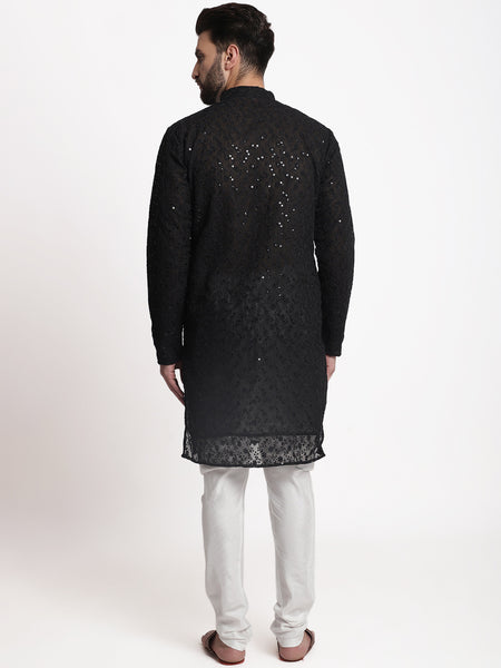 Black Chikankari Floral Embroidery Kurta With Churidar Pajama by Treemoda