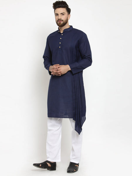 Navy Blue Kurta With Aligarh Pajama Set in Linen for men by Treemoda