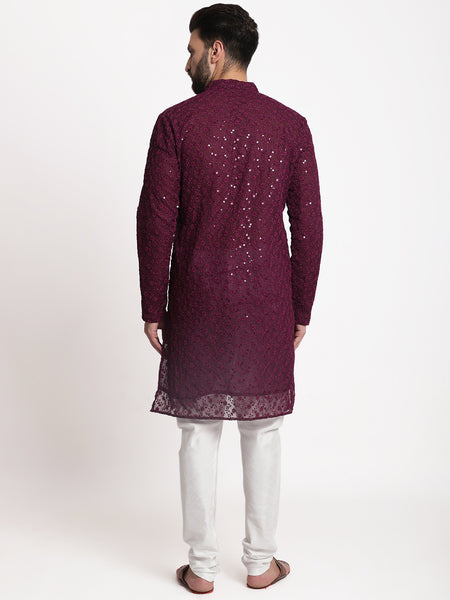 Wine Chikankari Floral Embroidery Kurta With Churidar Pajama by Treemoda