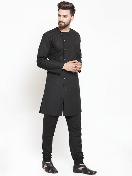 Black Kurta With Churidar Pajama Set in Linen For Men by Treemoda