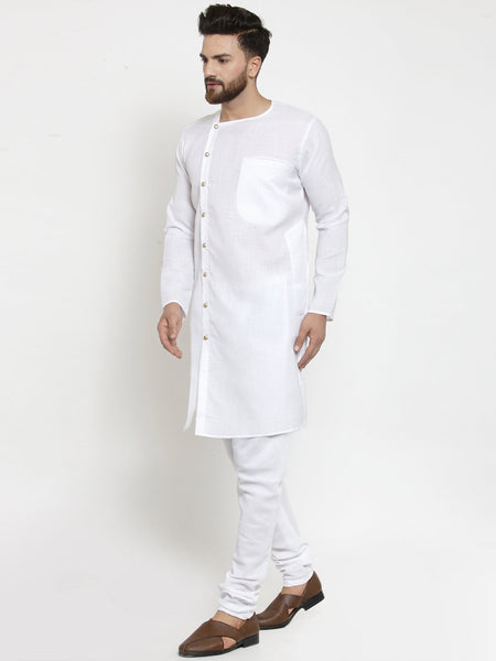 White Kurta With Churidar Pajama Set in Linen for men by Treemoda
