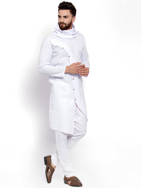 White Kurta With Churidar Pajama Set in Linen For Men by Treemoda