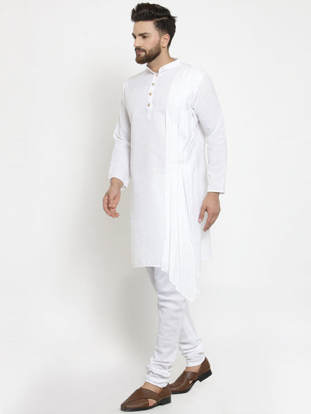 White Kurta With Churidar Pajama Set in Linen For Men by Treemoda