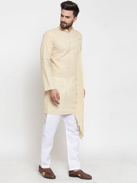 Beige Kurta With Aligarh Pajama Set in Linen For Men by Treemoda
