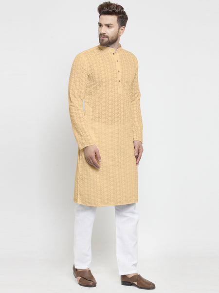 Embroidered Cotton Chikankari Beige Kurta With Aligarh Pajama For Men By Treemoda