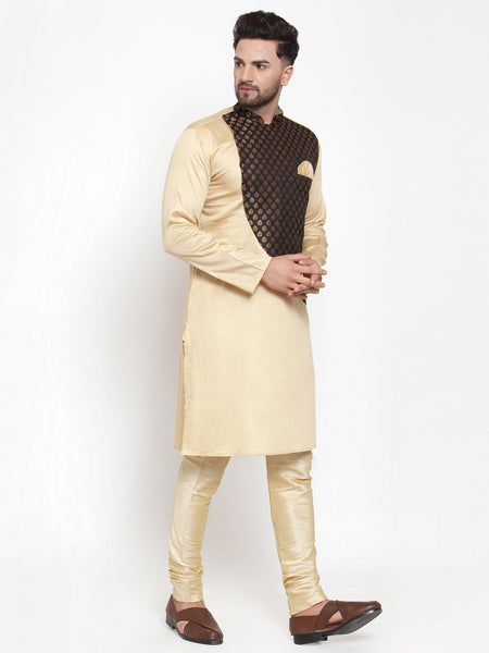 Designer Brocade Beige Banarasi Silk Kurta Pajama Set by Treemoda