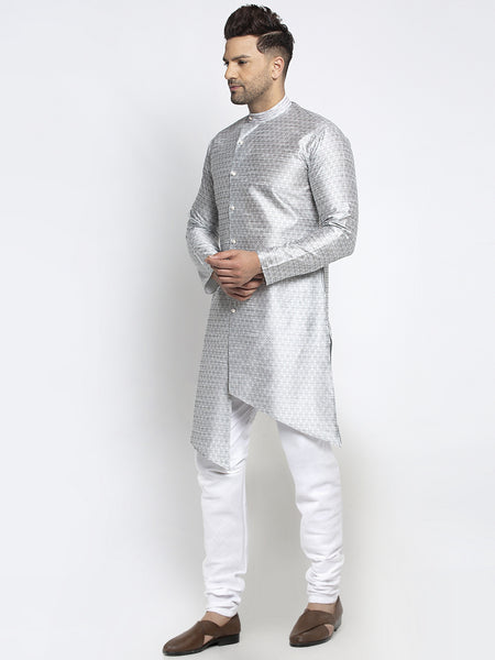 Embellished Brocade Light Grey Kurta With Churidar Pajama Set For Men By Treemoda