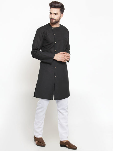 Designer Full Sleeve Black Kurta With Aligarh Pajama Set in Linen For Men by Treemoda