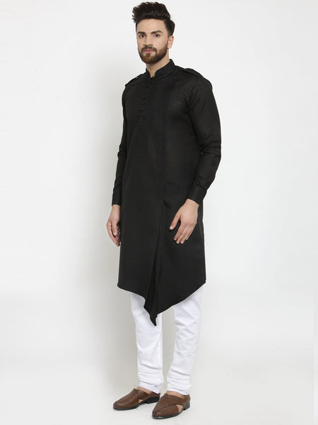 Black Kurta With Churidar Pajama in Linen For Men by Treemoda