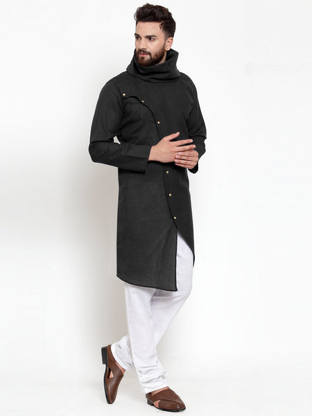 Black Kurta With Churidar Pajama Set in Linen For Men by Treemoda