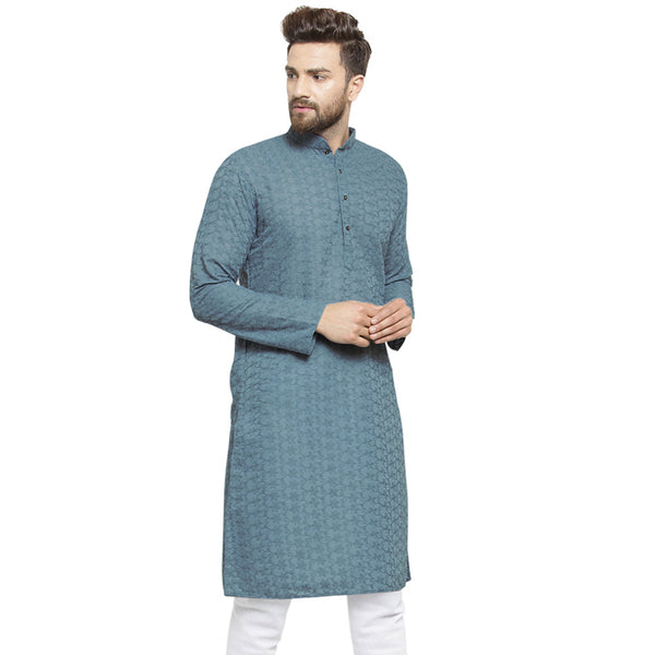 Grey Cotton Chikankari Lucknowi Jaal Embroidered Kurta By Treemoda