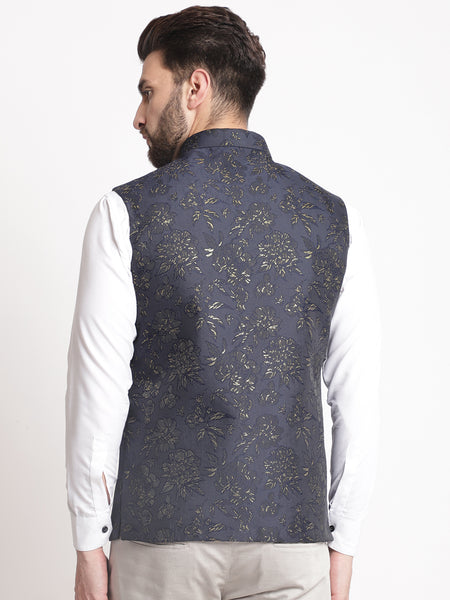 Blue Jacquard  Brocade Silk Nehru Jacket By Treemoda