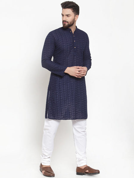 Navy Blue Cotton Chikankari Lucknowi Jaal Embroidered Kurta with Churidar Pajama For Men Treemoda