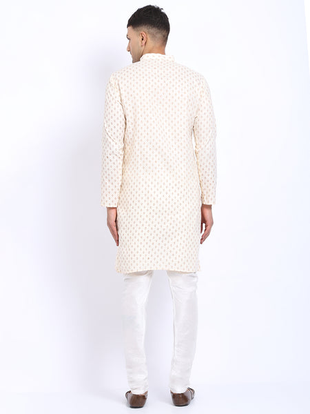 Printed Cream Cotton Kurta with Churidar Pajama by Treemoda
