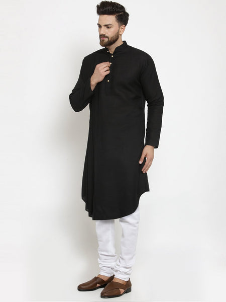 Designer Black Linen Kurta With Churidar Pajama For Men By Treemoda