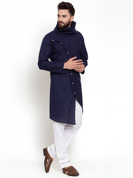 Navy Blue Kurta With Churidar Pajama Set For Men by Treemoda