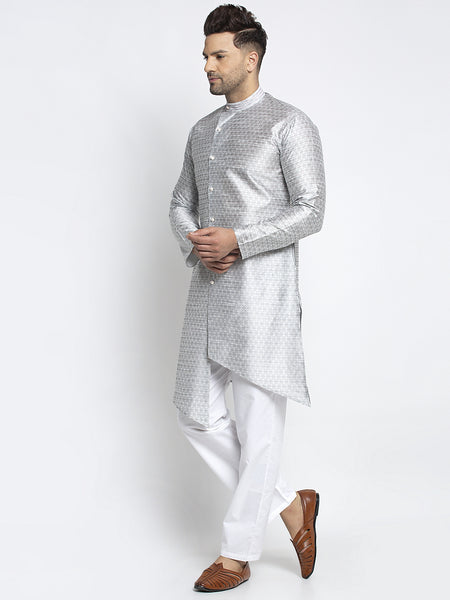 Embellished Brocade Light Grey Kurta With Aligarh Pajama Set For Men By Treemoda