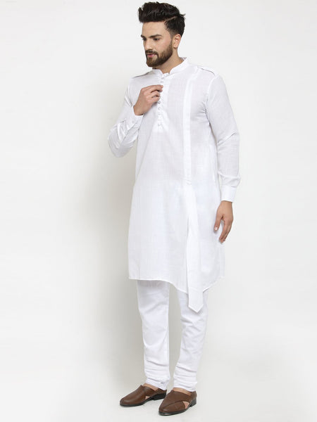 White Kurta with Churidar Pajama Set in Linen For Men by Treemoda