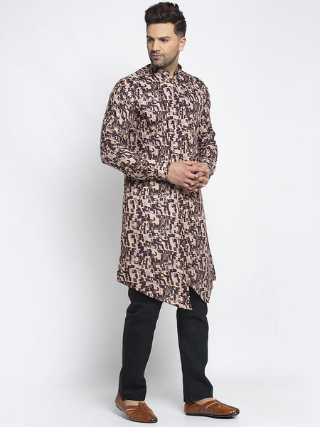Designer Cotton Brown Block Printed Kurta With Aligarh Pajama Set For Men By Treemoda