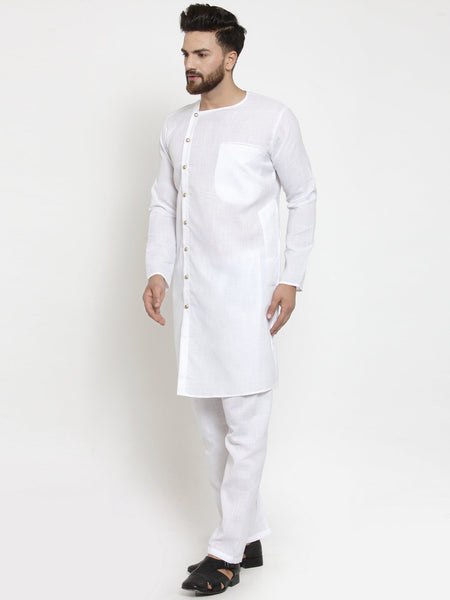 White Kurta With Aligarh Pajama Set in Linen For Men by Treemoda