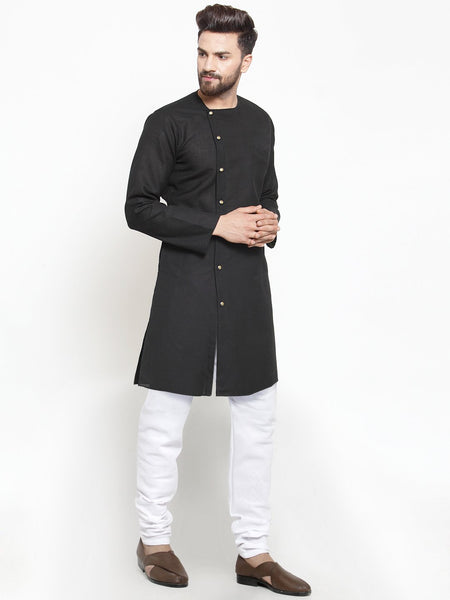 Designer Black Kurta With Churidar Pajama Set in Linen For Men by Treemoda