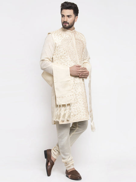 Men's White Embroidered Kurta Pajama Set, With  Jacket, and Scarf by Treemoda