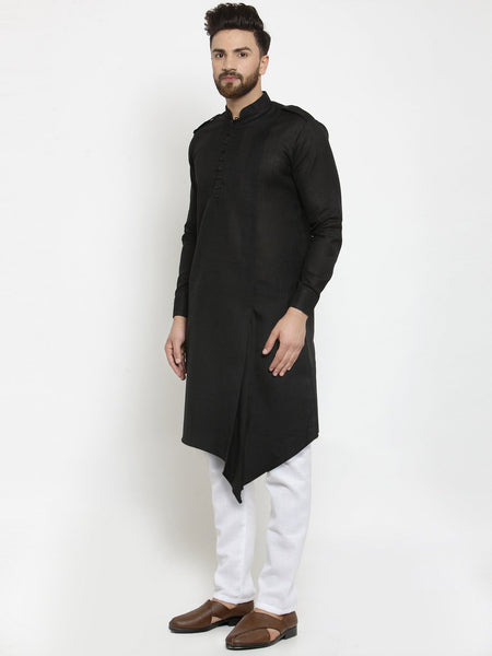 Black Kurta With Aligarh Pajama Set in Linen For Men by Treemoda