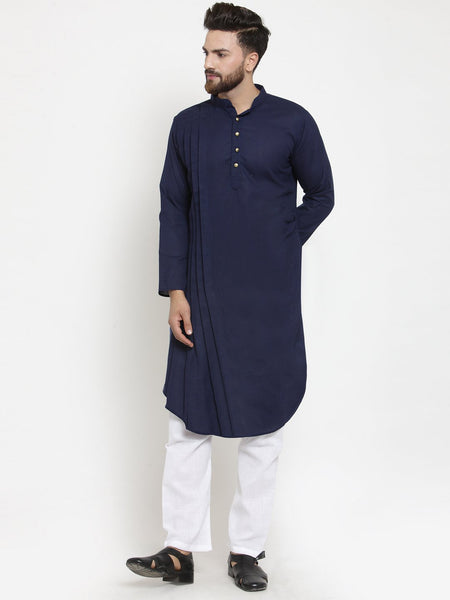 Designer Navy Blue Kurta With Aligarh Pajama Set  For Men By Treemoda