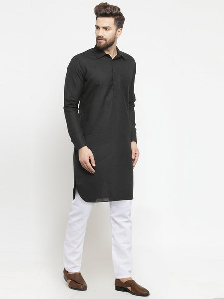 Designer Black Pathani Lenin Kurta with White Aligarh Pajama by TREEMODA