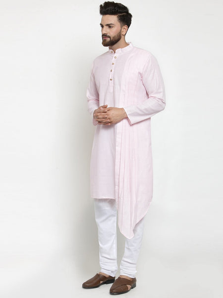 Pink Kurta With Churidar Pajama Set in Linen For Men by Treemoda