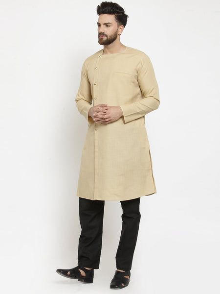 Beige Kurta With Black Aligarh Pajama Set  in Linen for men by Treemoda