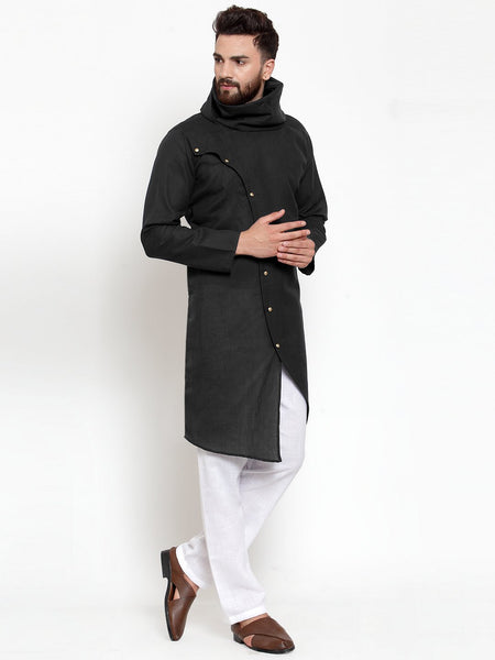 Black Kurta With Aligarh Pajama Set in Linen For Men by Treemoda