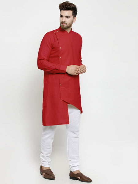 Designer Red Linen Kurta With White Churidar Pyjama For Men By Treemoda