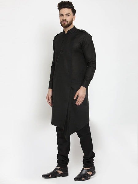 Black Kurta With Churidar Pajama Set in Linen For Men by Treemoda