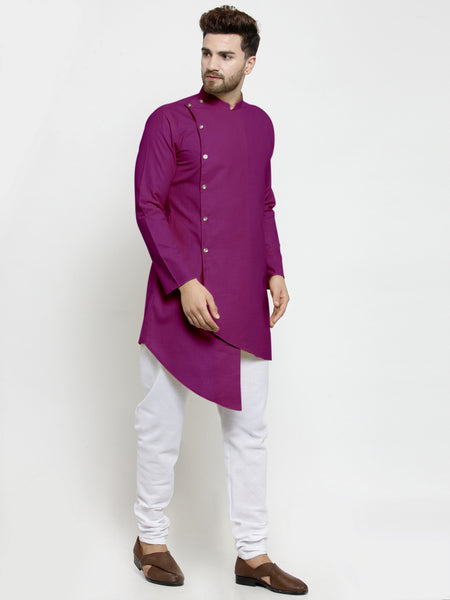Designer Purple Linen Kurta With White Churidar Pyjama For Men By Treemoda