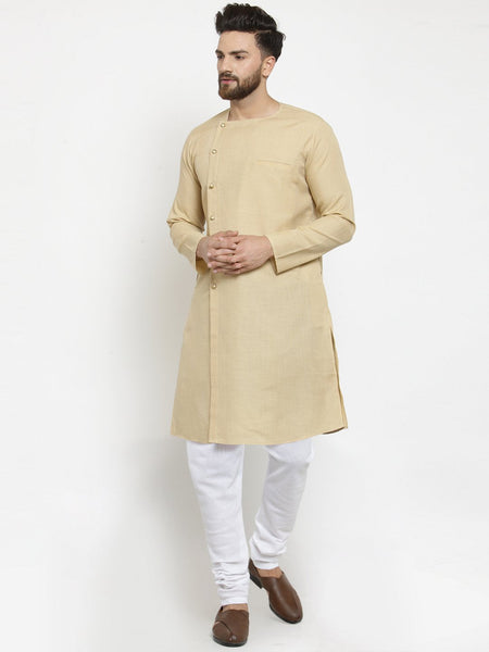 Beige Kurta  With Churidar Pajama Set in Linen For Men by Treemoda