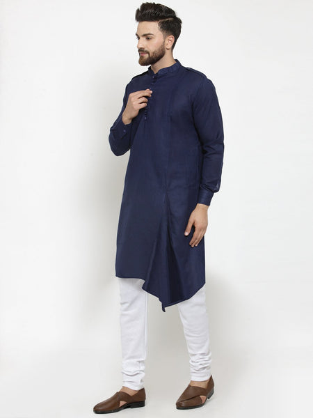 Navy Blue Kurta With Churidar Pajama Set in Linen For Men by Treemoda