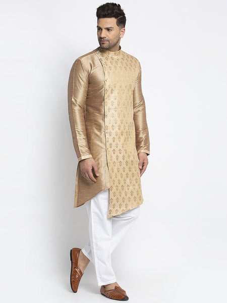 Embellished Brocade Golden Kurta With Aligarh Pajama Set For Men By Treemoda