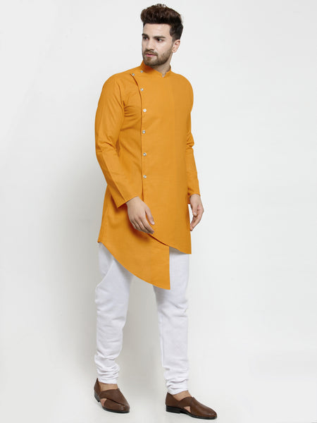 Designer Mustard Yellow Linen Kurta With White Churidar Pajama For Men By Treemoda