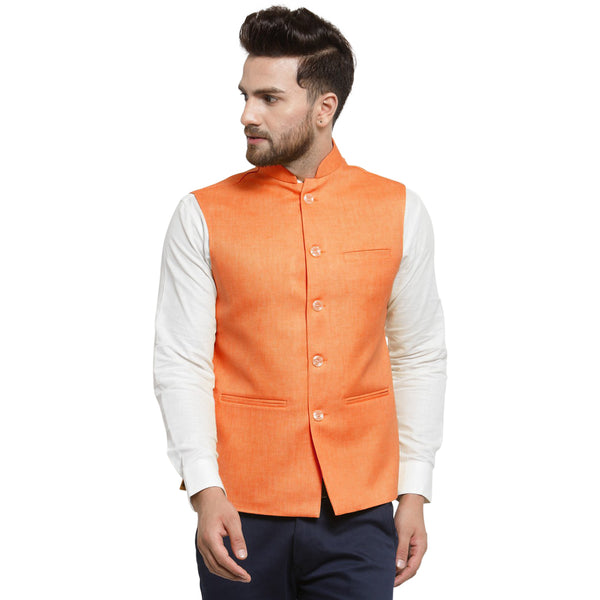 Treemoda Orange Tango Nehru jacket For Men Stylish Latest Design Suitable for Ethnic Wear/Wedding Wear/ Formal Wear/Casual Wear