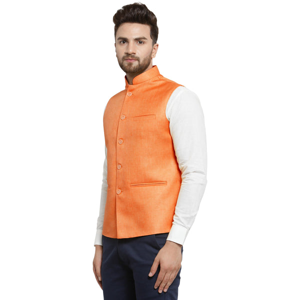 Treemoda Orange Tango Nehru jacket For Men Stylish Latest Design Suitable for Ethnic Wear/Wedding Wear/ Formal Wear/Casual Wear