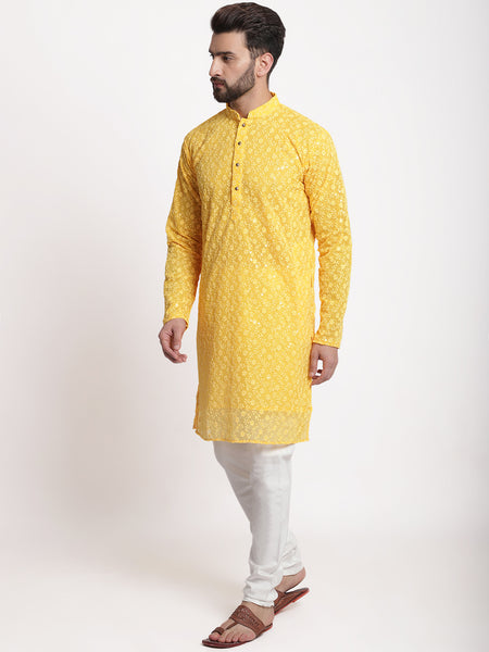 Yellow Chikankari Floral Embroidery Kurta With Churidar Pajama by Treemoda
