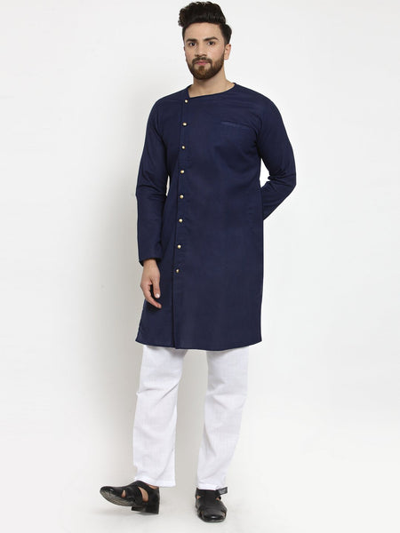 Navy Blue Kurta With Aligarh Pajama Set in Linen for men by Treemoda