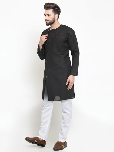 Designer Full Sleeve Black Kurta With Aligarh Pajama Set in Linen For Men by Treemoda
