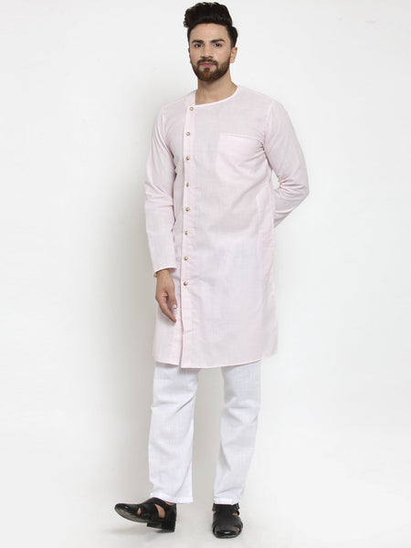 Designer Full Sleeve Pink Kurta With Aligarh Pajama Set in Linen For Men by Treemoda