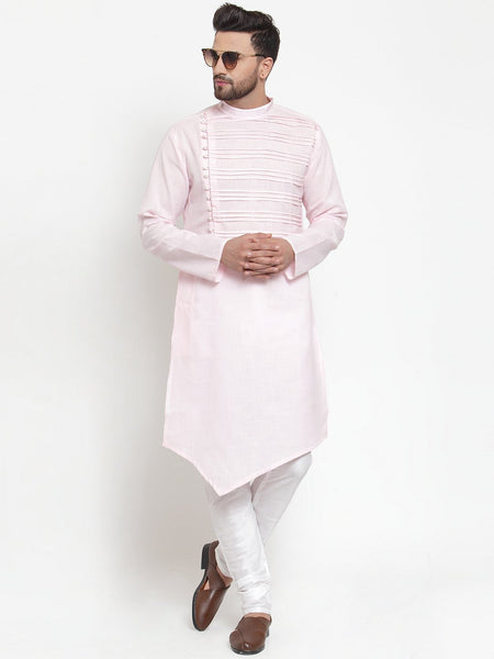 Designer Pink Kurta With Churidar Pajama in Linen For Men by Treemoda