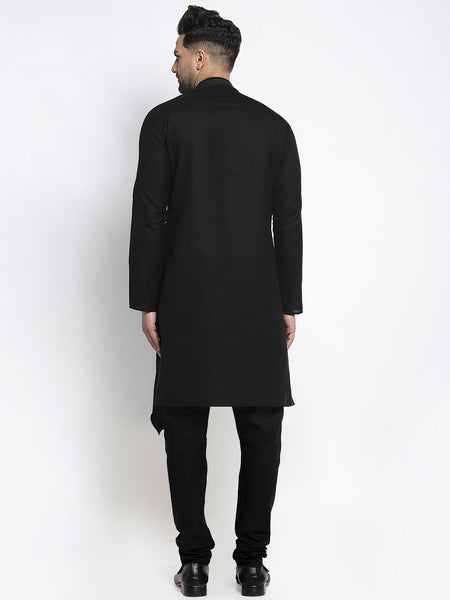Designer Black Linen Kurta With Churidar Pajama Set For Men By Treemoda