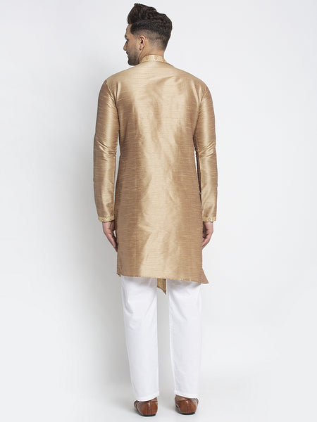 Embellished Brocade Golden Kurta With Aligarh Pajama Set For Men By Treemoda