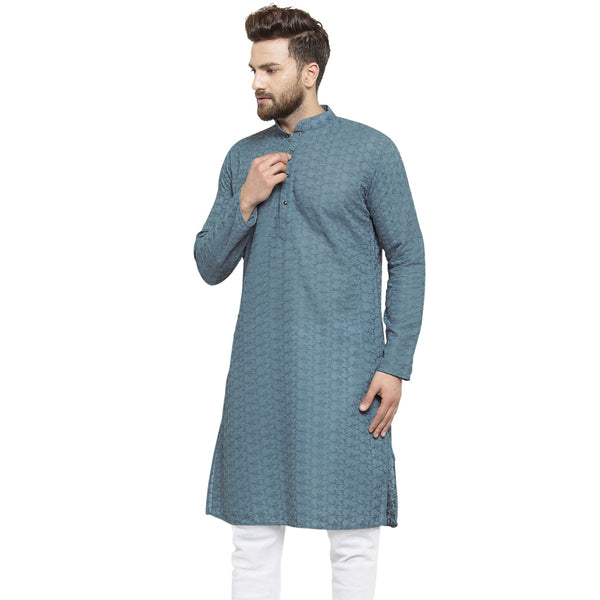 Grey Cotton Chikankari Lucknowi Jaal Embroidered Kurta By Treemoda