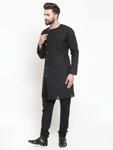 Black Kurta With Churidar Pajama Set in Linen For Men by Treemoda